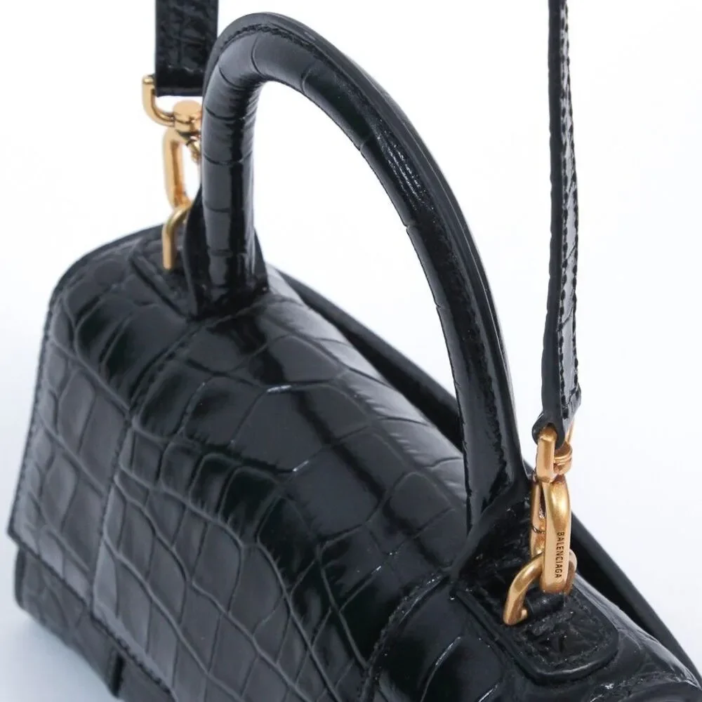 Balenciaga Hourglass XS Black Croc-Embossed Calfskin Top Handle Crossbody Bag